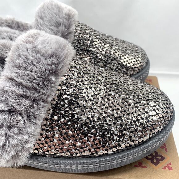 Skechers Woman's Cozy Campfire Pewter Dream Glam Metallic Faux Fur Slippers - Picture 7 of 14